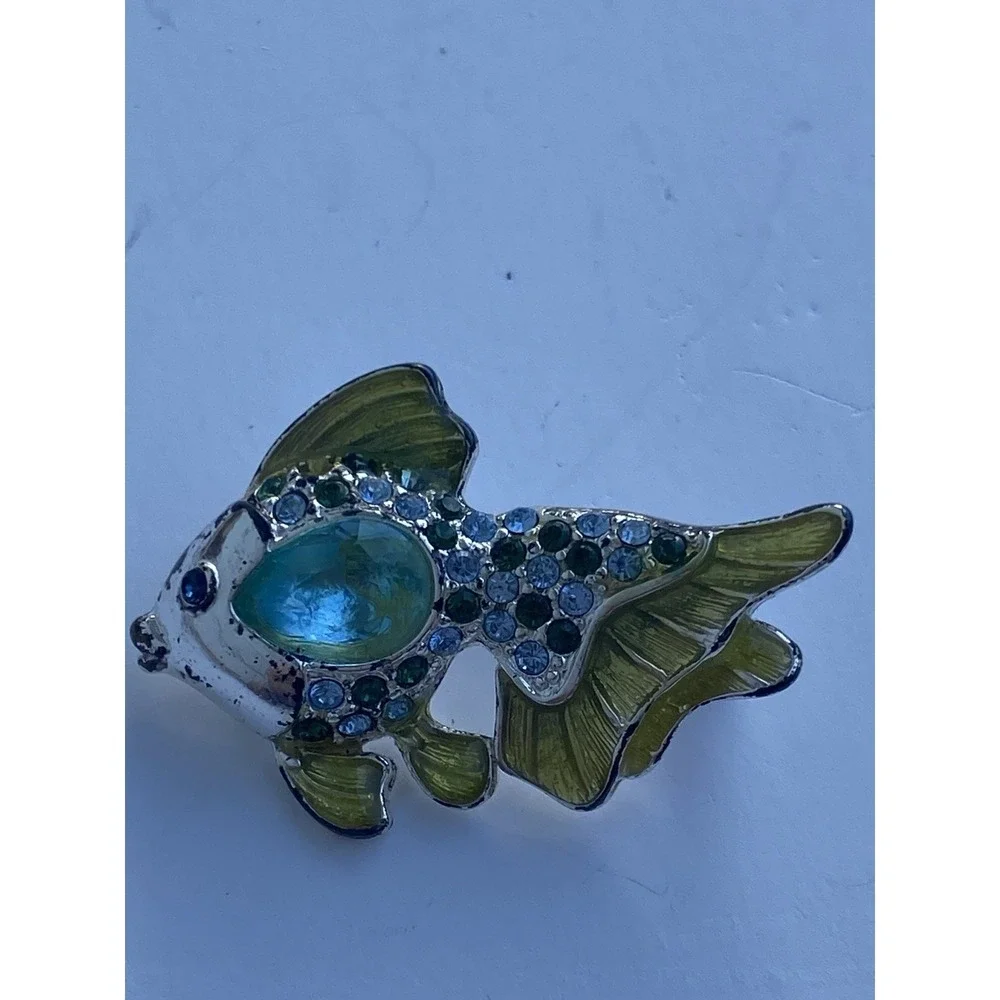 Monet Vintage Fish Brooch Pin Gold Yellow Enamel Turquoise Blue Rhinestones